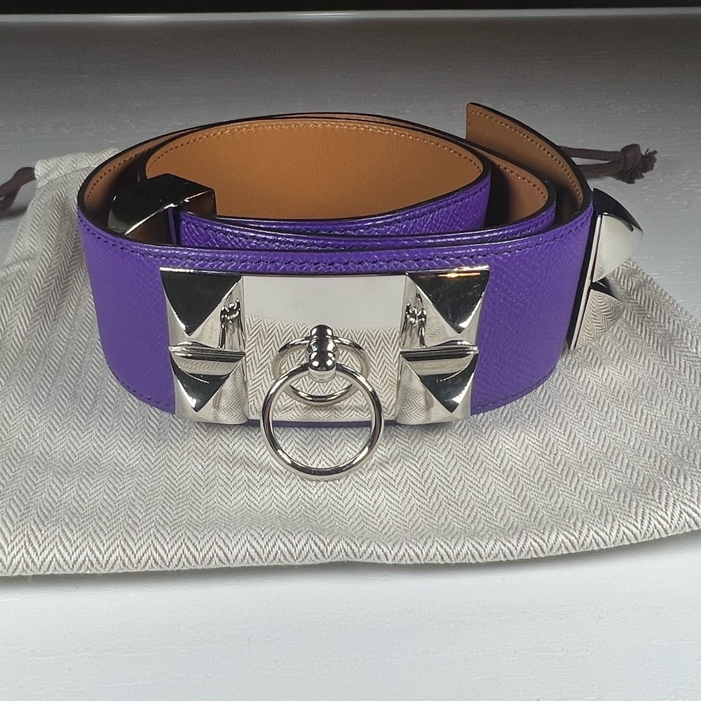Hermes Palladium CDC Purple Anemone Collier De Chien Bangle Belt​​​ 75cm